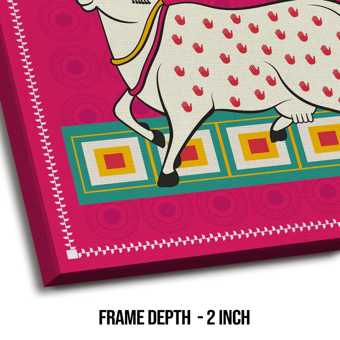 White Cow, Kalighat Art, Framed Abstract Canvas Wall Art for Bedroom
