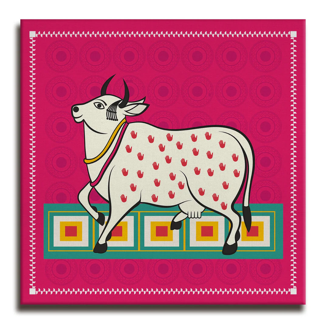 White Cow, Kalighat Art, Framed Abstract Canvas Wall Art for Bedroom