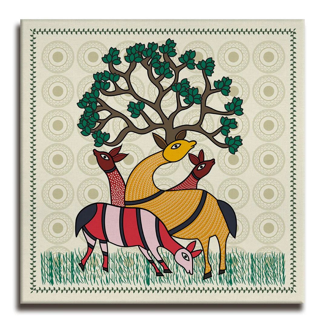 Deer and Tree, Kalighat Art, Framed Abstract Canvas Wall Art for Bedroom