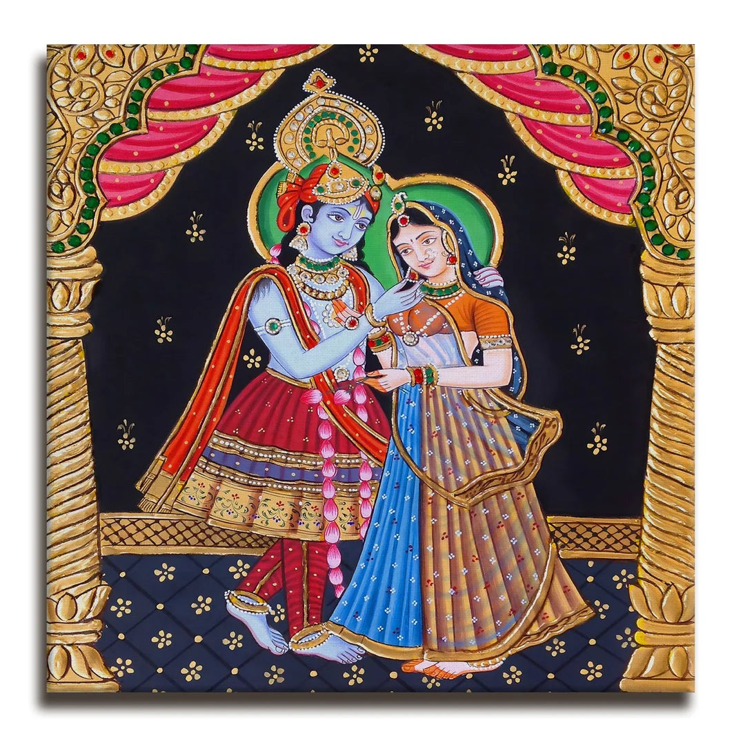 Radhe Krishna, Tanjore Art, Framed Abstract Canvas Wall Art for Bedroom