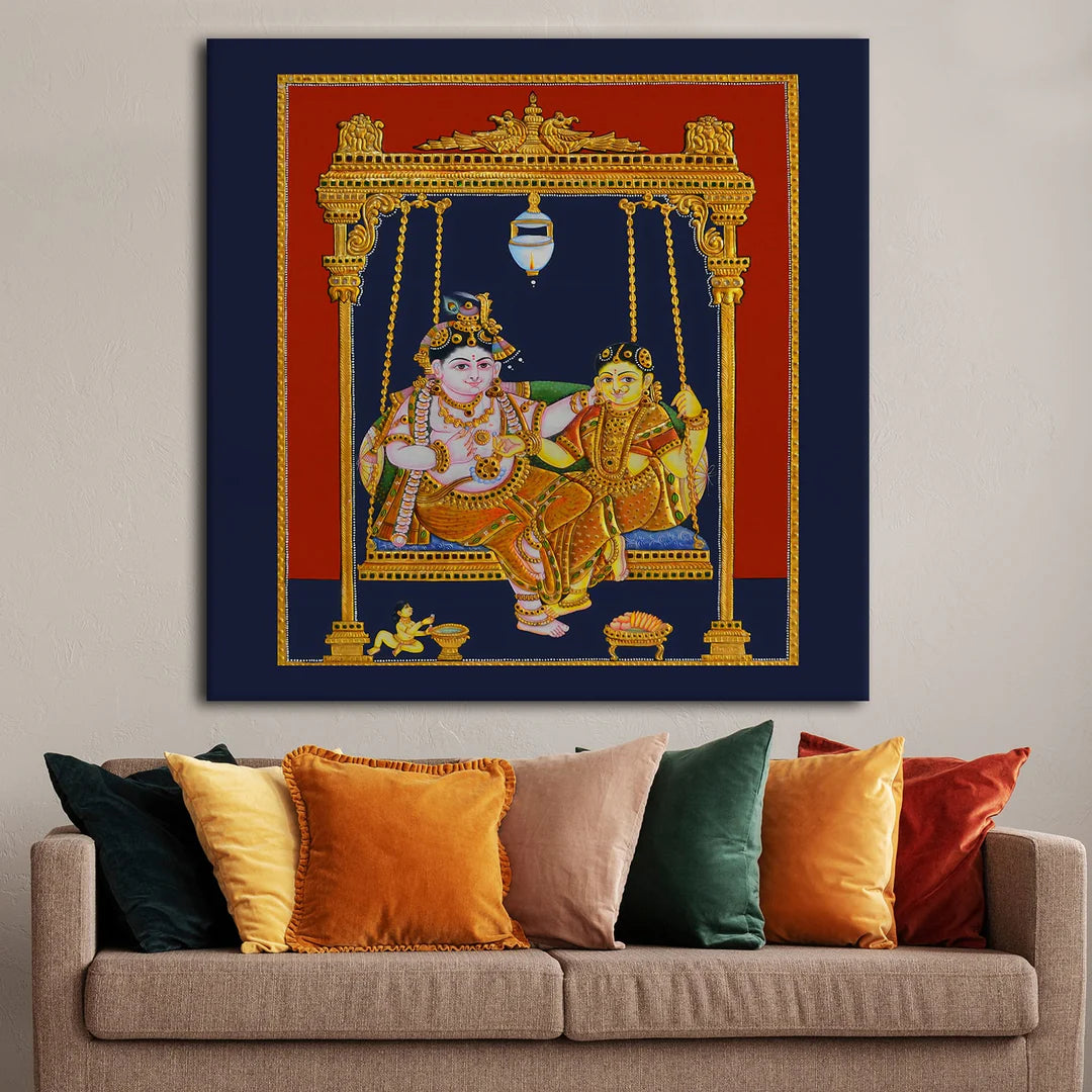 Shree Krishna & Radha, Tanjore Art, Framed Abstract Canvas Wall Art for Bedroom