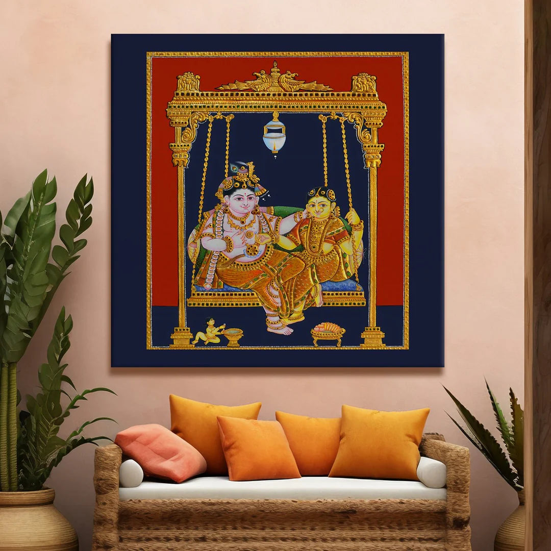 Shree Krishna & Radha, Tanjore Art, Framed Abstract Canvas Wall Art for Bedroom