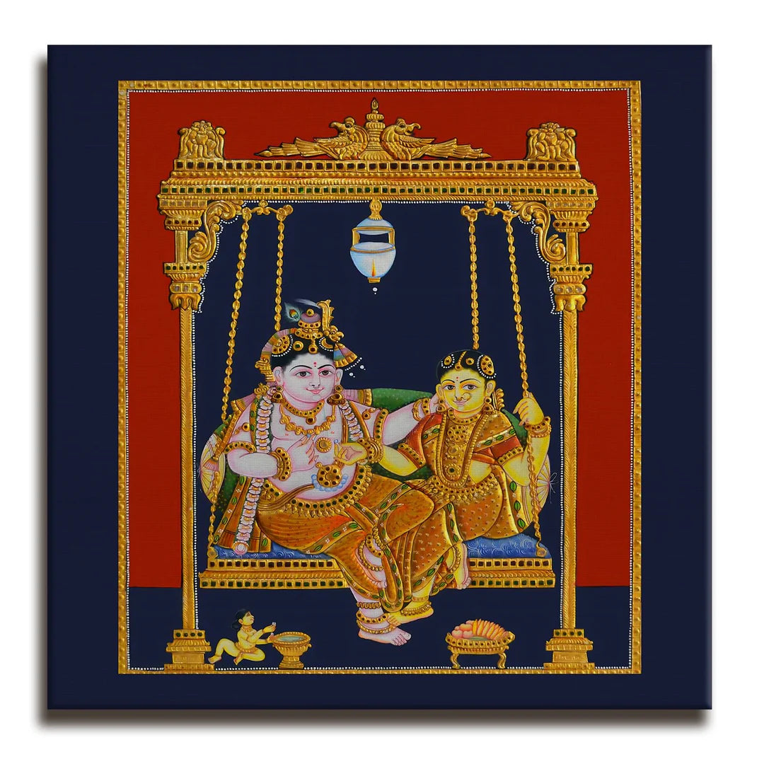 Shree Krishna & Radha, Tanjore Art, Framed Abstract Canvas Wall Art for Bedroom