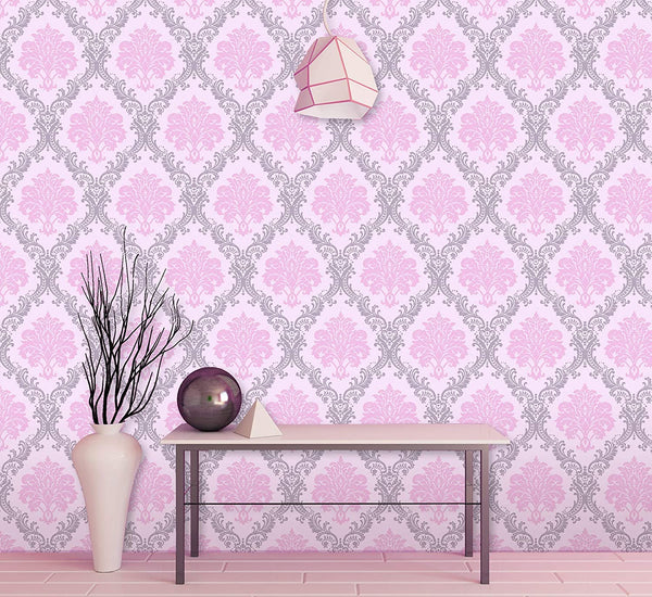 Eurotex Damask Design, Pink, Peel and Stick Wallpaper, Self Adhesive Wallpaper - (45cm x 300cm)