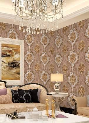 Eurotex Damask Design, Living Room Wallpaper, Almond (Luxury Vinyl Coated, 57 sq.ft Roll) My Store