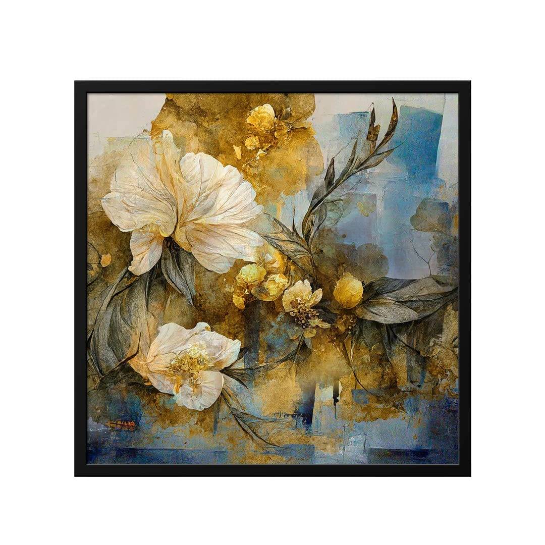 Eurotex White Flower Green Leaf, Framed Wall art for Bedroom (36x36 In. Framed Canvas Painting) Eurotex