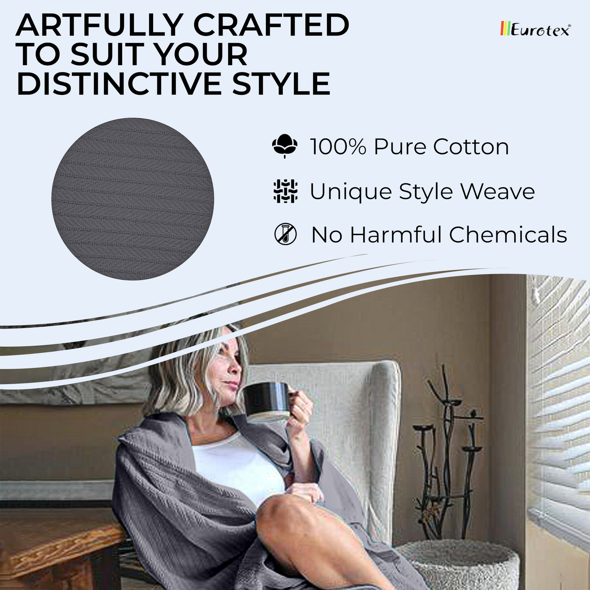 EUROTEX Cable Cotton Blanket for Bed, 100% Real Cotton Blanket - Grey Eurotex