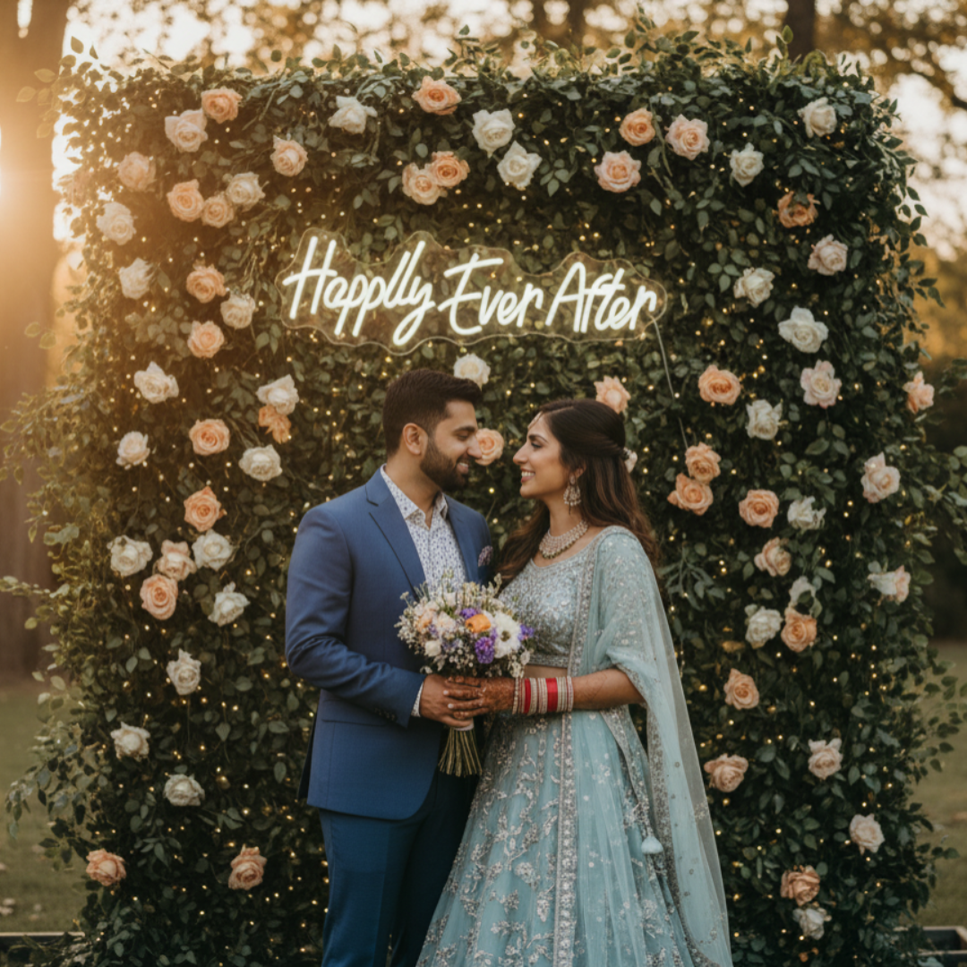 Eurotex “Happily Ever After” Wedding Neon Sign – LED Couple Name Light for Wedding Decor, Reception Backdrop, Mehndi, Engagement & Couple Gift