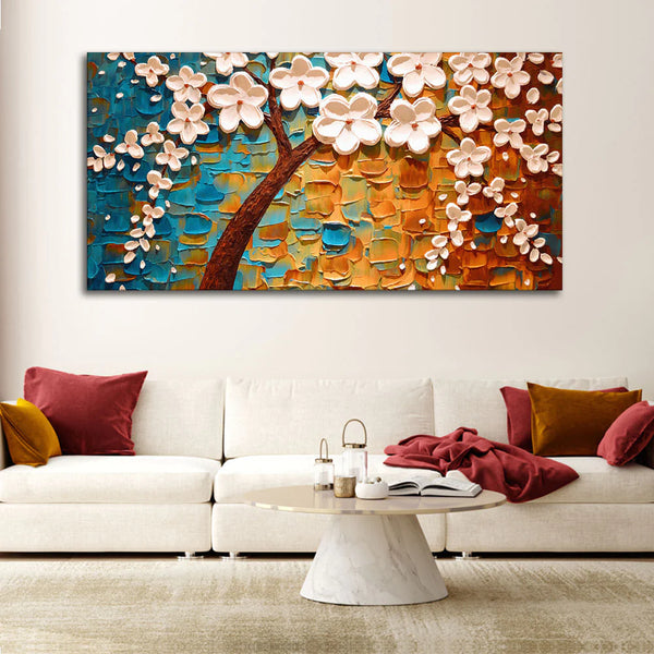 Eurotex Beautiful Floral Tree Art With White Flower, Premium, 3D Wall Painting