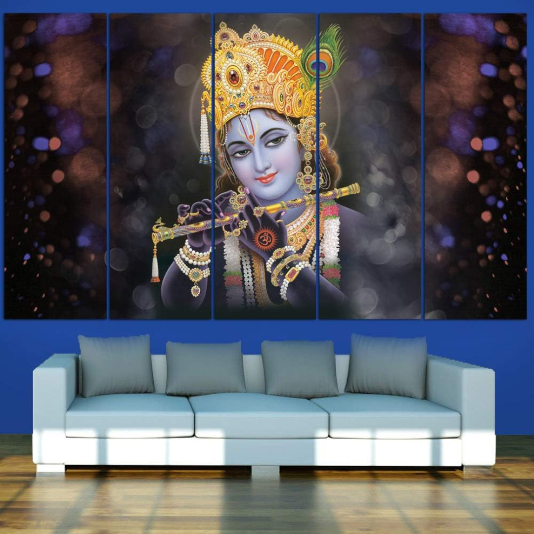 Krishna with flute Painting, 5 Panel Wall Art for Room (27x48 In)