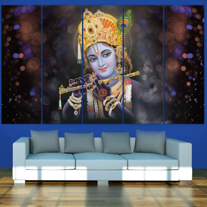 Krishna with flute Painting, 5 Panel Wall Art for Room (27x48 In)