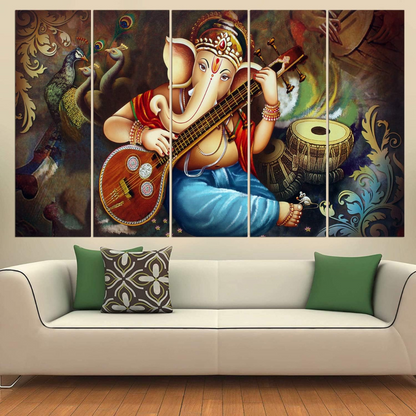 Beautiful Ganesha Painting, 5 Panel Wall Art for Living Room Decor (30x50 In)