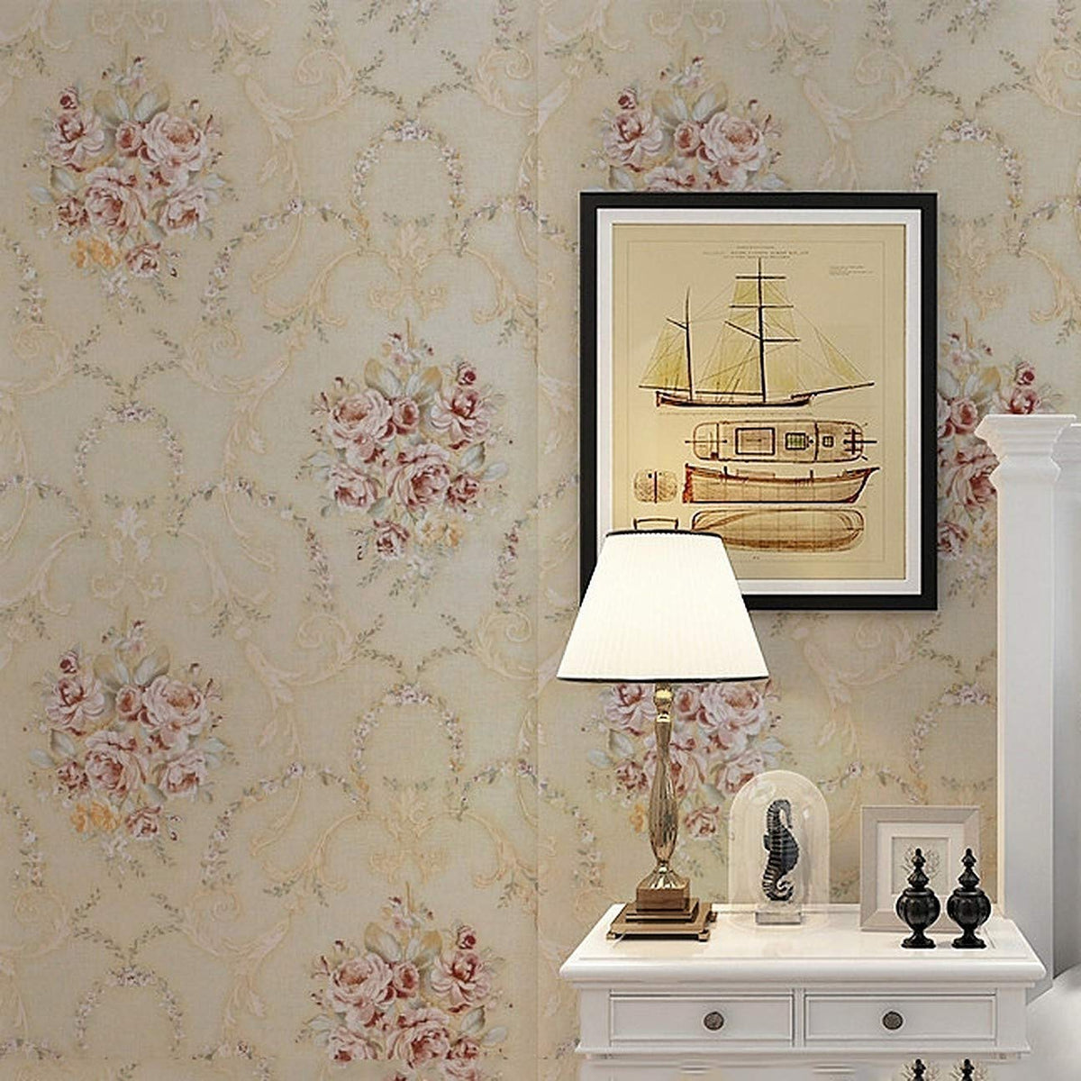 Eurotex Floral Damask, Mustard Yellow, Peel and Stick, Self Adhesive Wallpaper - (45 cm x 300cm)