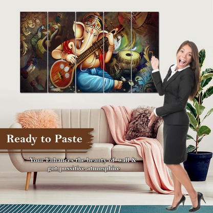 Beautiful Ganesha Painting, 5 Panel Wall Art for Living Room Decor (30x50 In)