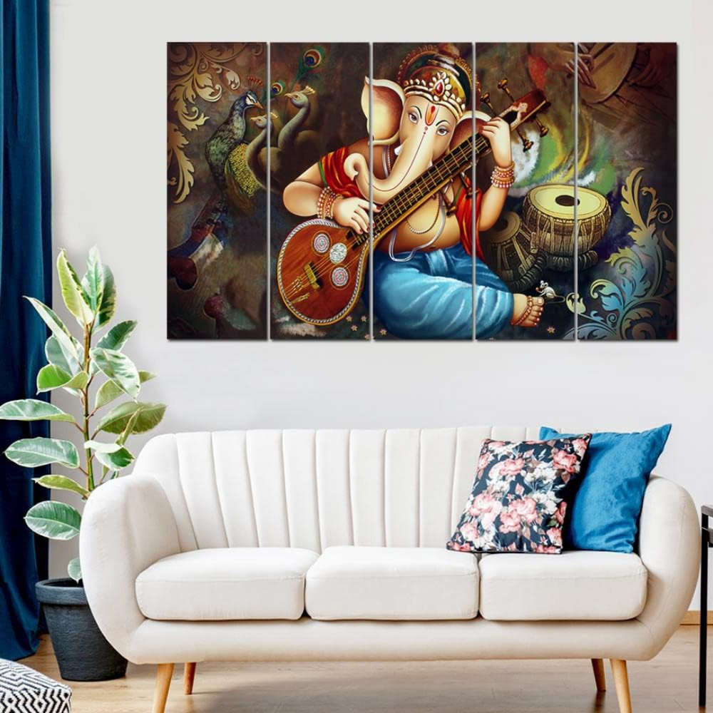 Beautiful Ganesha Painting, 5 Panel Wall Art for Living Room Decor (30x50 In)