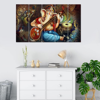 Beautiful Ganesha Painting, 5 Panel Wall Art for Living Room Decor (30x50 In)