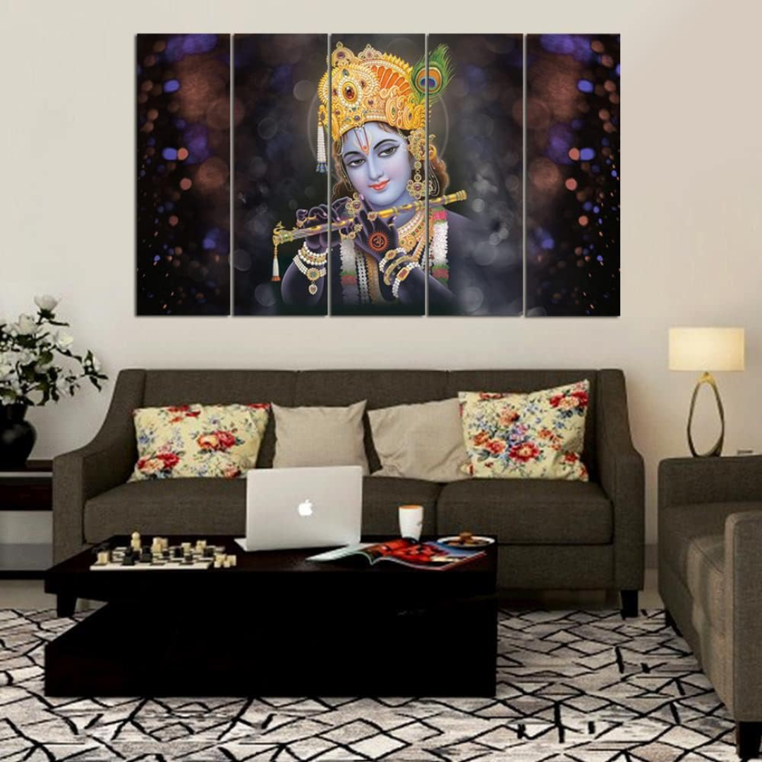 Krishna with flute Painting, 5 Panel Wall Art for Room (27x48 In)