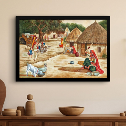 Vastu Village Painting, Framed Vastu Canvas Wall Art for Home (24x36 In)