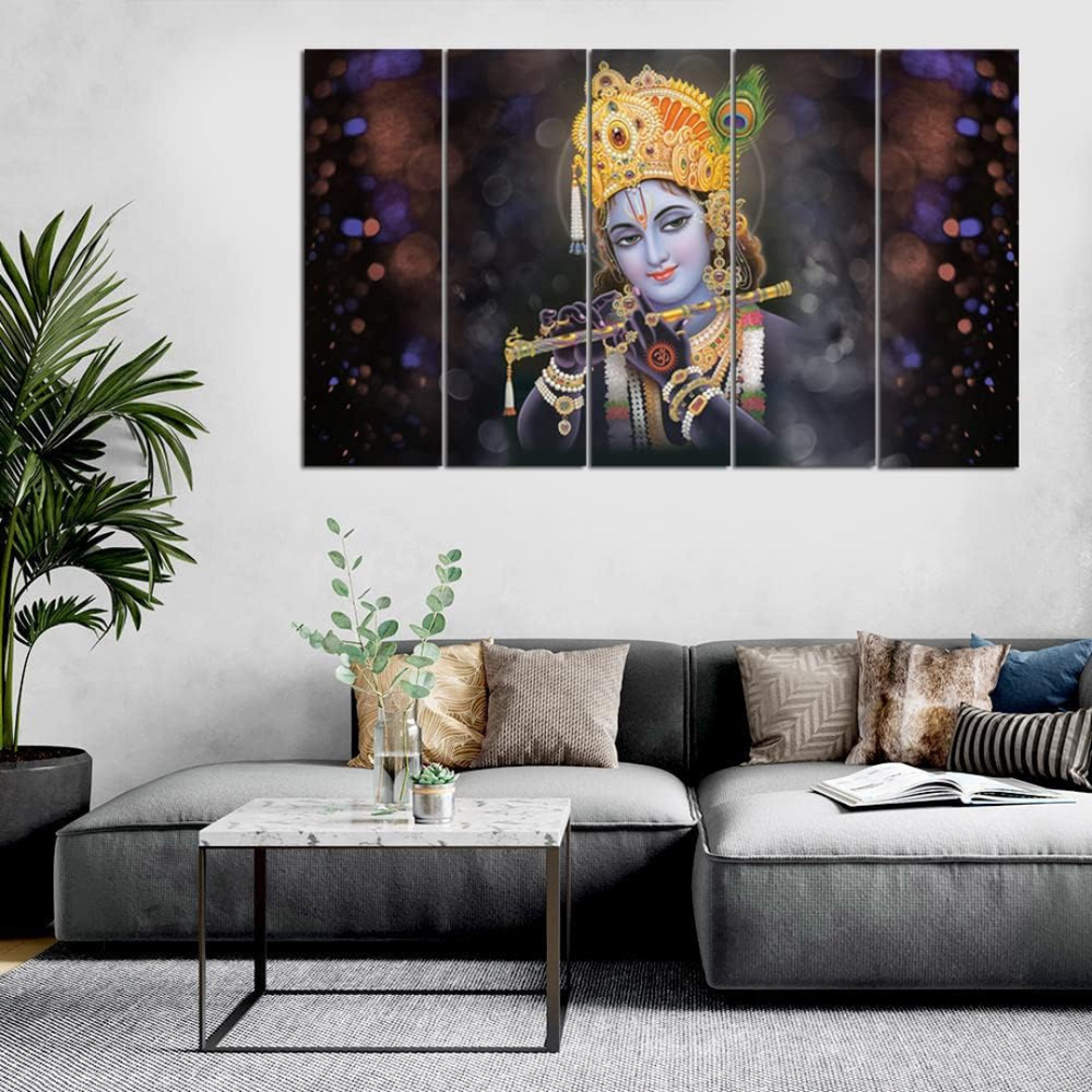 Krishna with flute Painting, 5 Panel Wall Art for Room (27x48 In)