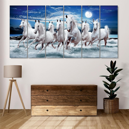 Seven Horses Painting, 6 Panel Vastu Wall Art for Home (30x50 In)
