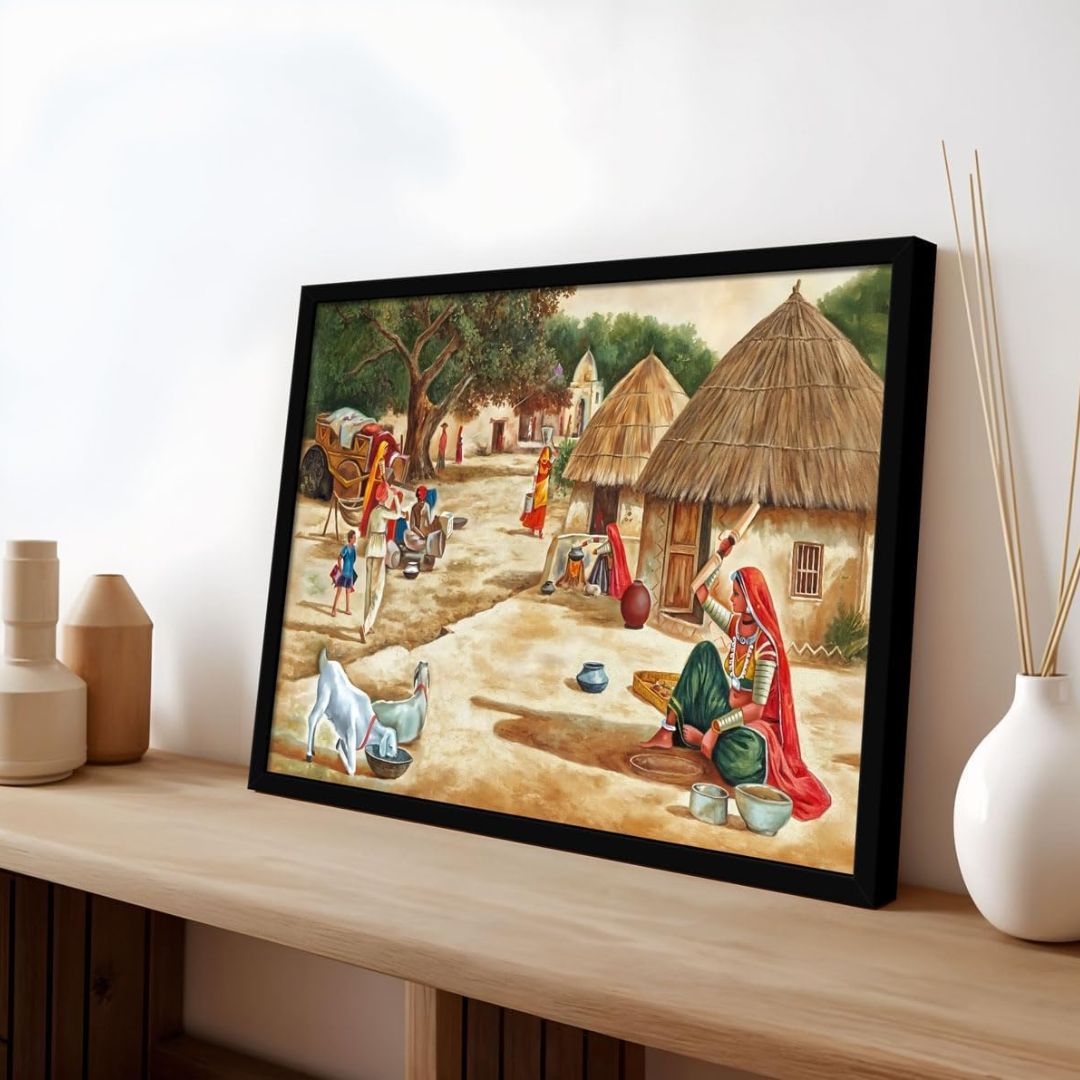 Vastu Village Painting, Framed Vastu Canvas Wall Art for Home (24x36 In)