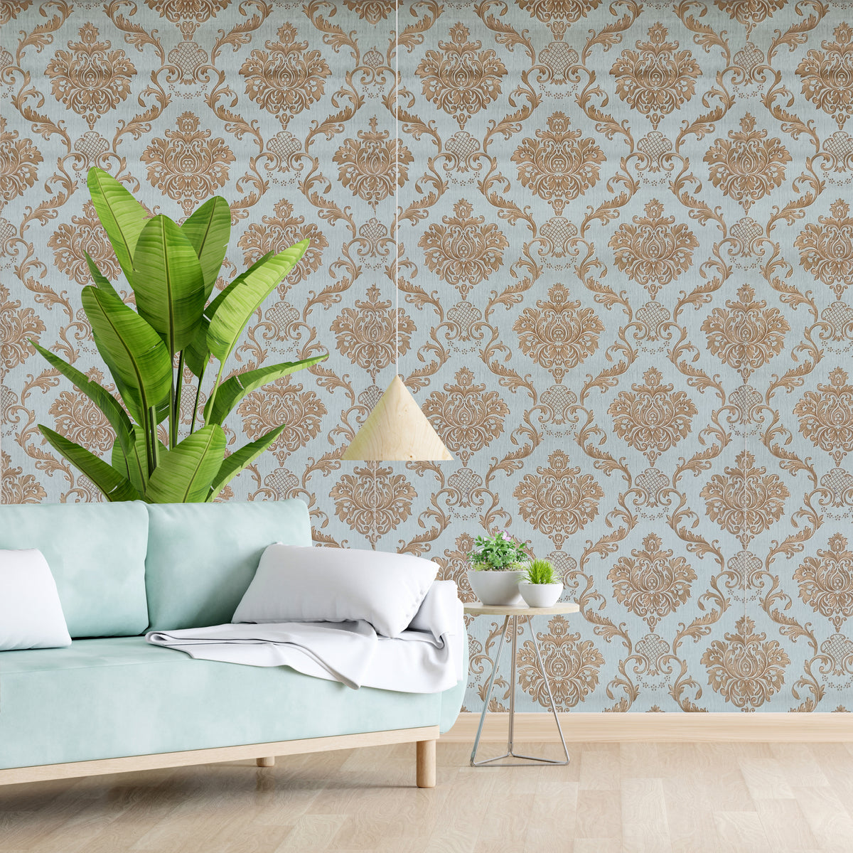 Eurotex Damask Design, Aesthetic Wallpaper, Sky Blue (Luxury Vinyl Coated, 57 sq.ft)