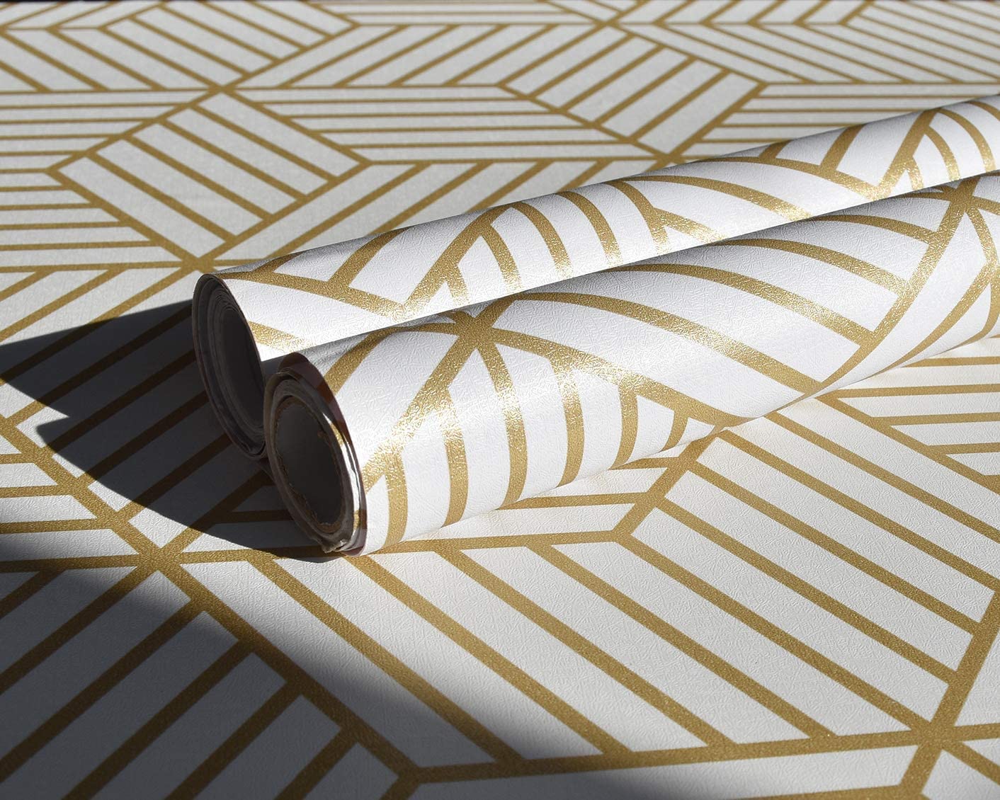 Eurotex Gold and White Geometric Wallpaper for Walls (45x300cm)(Length 3-Meter) Sticker Wallpaper Peel and Stick Hexagon Removable Self Adhesive Waterproof Wallpaper Eurotex