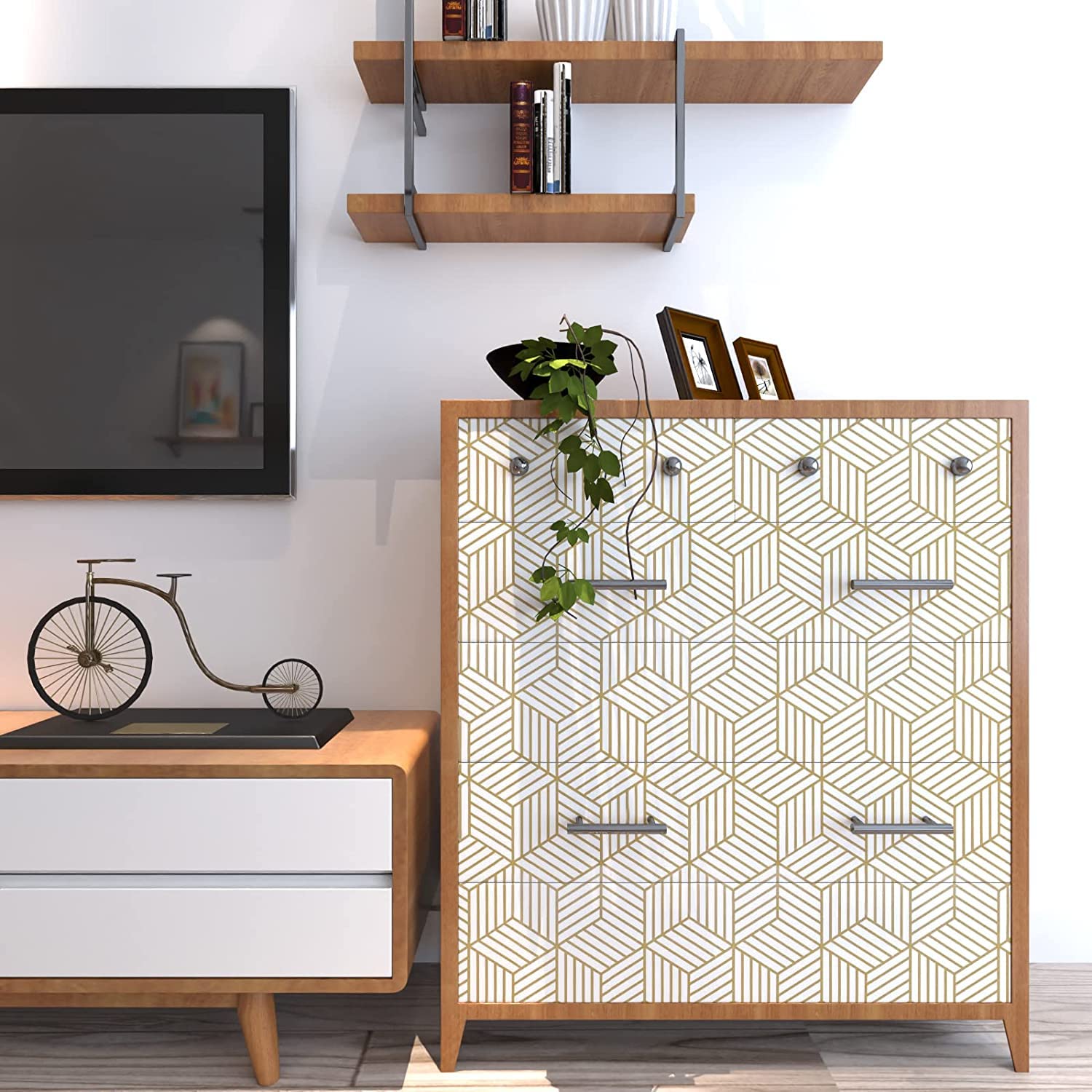 Eurotex Gold and White Geometric Wallpaper for Walls (45x300cm)(Length 3-Meter) Sticker Wallpaper Peel and Stick Hexagon Removable Self Adhesive Waterproof Wallpaper Eurotex