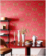 Eurotex Self Adhesive Wallpaper Damask Design Red Golden, Peel and Stick -45 x 300cm, (18in x118in) Eurotex