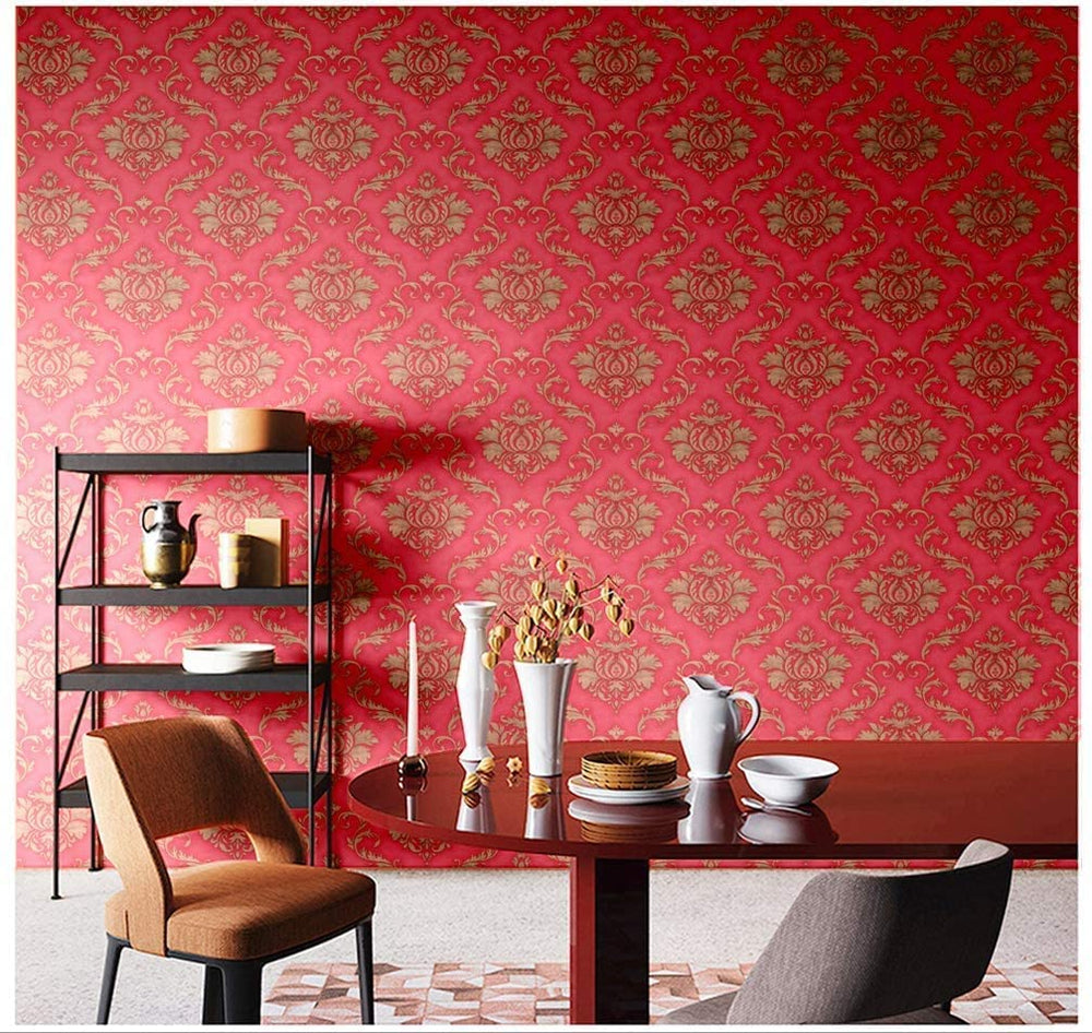 Eurotex Self Adhesive Wallpaper Damask Design Red Golden, Peel and Stick -45 x 300cm, (18in x118in) Eurotex