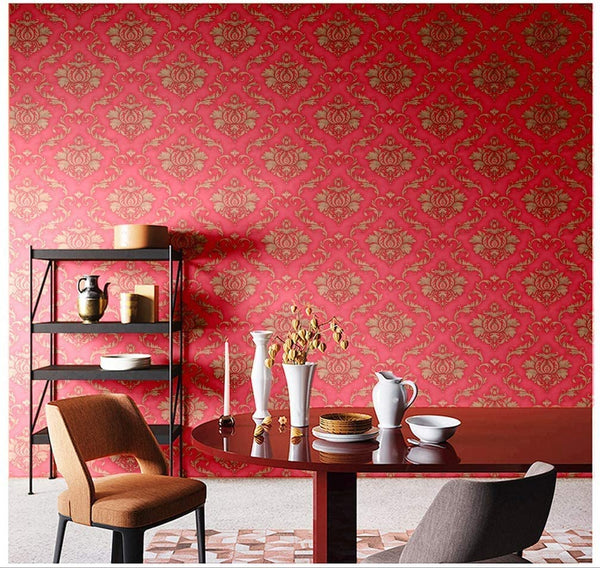 Eurotex Self Adhesive Wallpaper Damask Design Red Golden, Peel and Stick -45 x 300cm, (18in x118in)