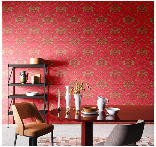 Eurotex Self Adhesive Wallpaper Damask Design Red Golden, Peel and Stick -45 x 300cm, (18in x118in) Eurotex