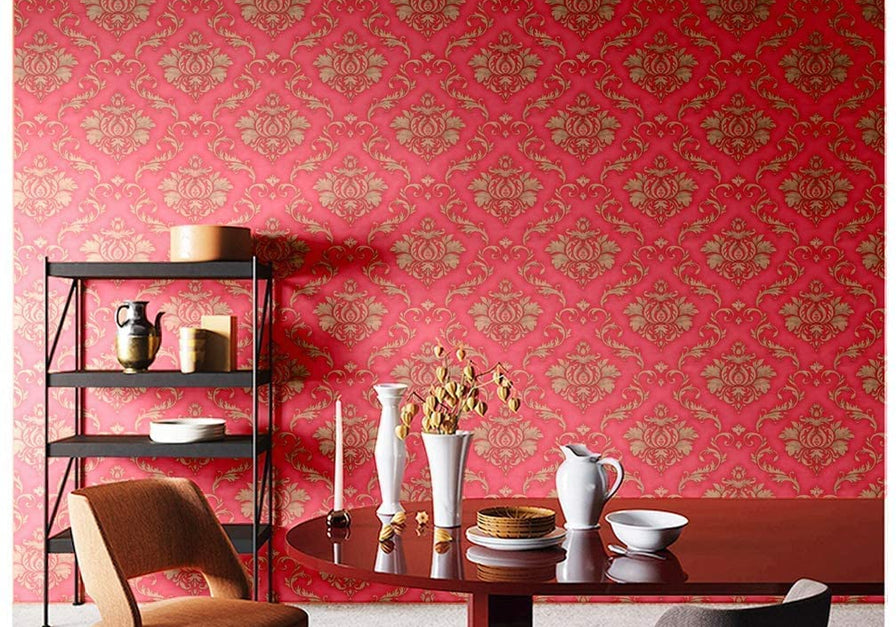 Eurotex Self Adhesive Wallpaper Damask Design Red Golden, Peel and Stick -45 x 300cm, (18in x118in)