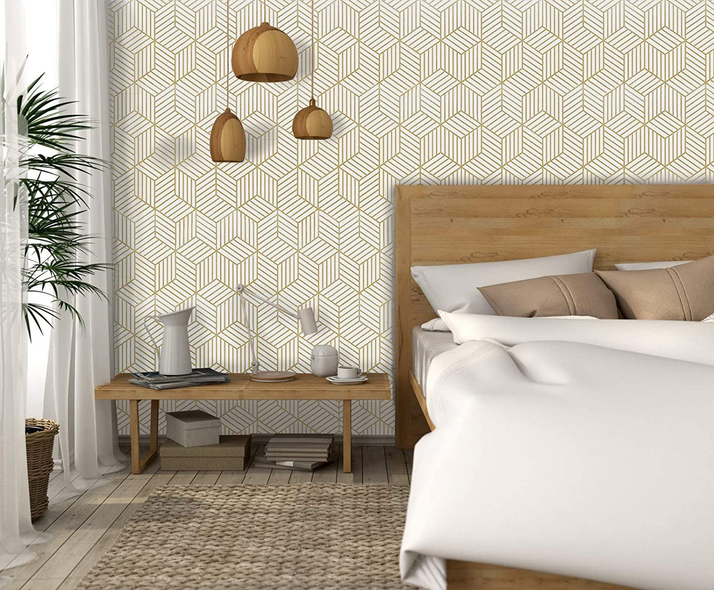 Eurotex Gold and White Geometric Wallpaper for Walls (45x300cm)(Length 3-Meter) Sticker Wallpaper Peel and Stick Hexagon Removable Self Adhesive Waterproof Wallpaper Eurotex