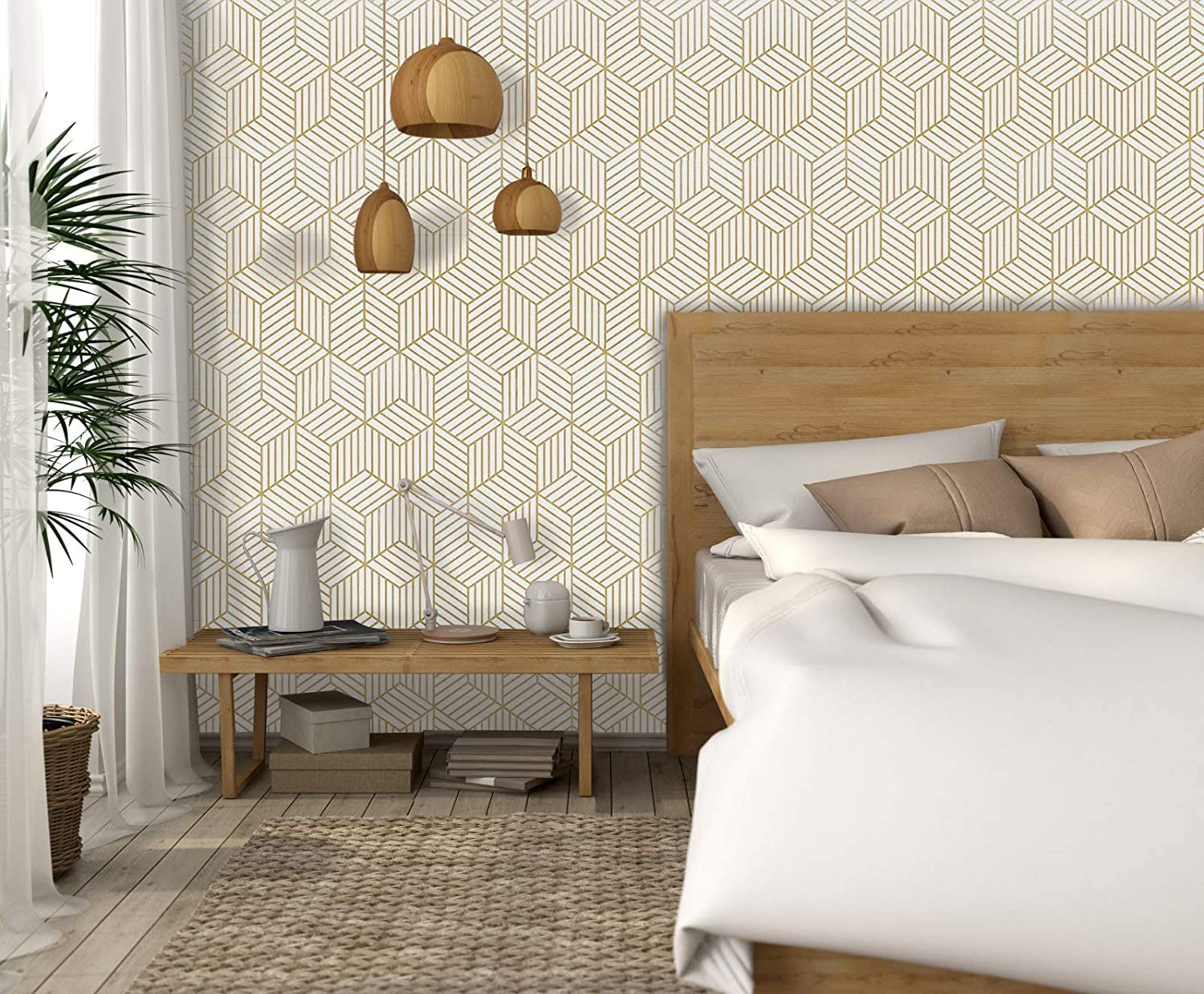 Eurotex Gold and White Geometric Wallpaper for Walls (45x300cm)(Length 3-Meter) Sticker Wallpaper Peel and Stick Hexagon Removable Self Adhesive Waterproof Wallpaper Eurotex