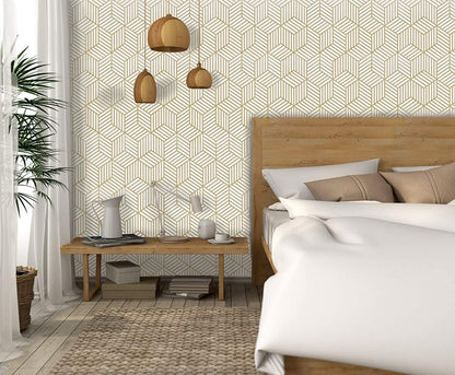 Eurotex Gold and White Geometric Wallpaper for Walls (45x300cm)(Length 3-Meter) Sticker Wallpaper Peel and Stick Hexagon Removable Self Adhesive Waterproof Wallpaper Eurotex