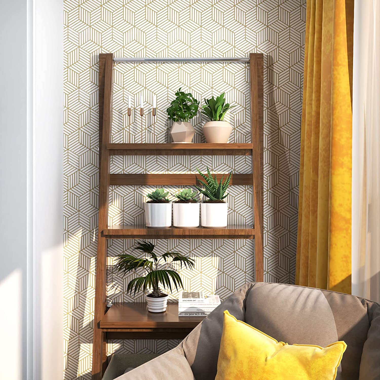 Eurotex Gold and White Geometric Wallpaper for Walls (45x300cm)(Length 3-Meter) Sticker Wallpaper Peel and Stick Hexagon Removable Self Adhesive Waterproof Wallpaper Eurotex