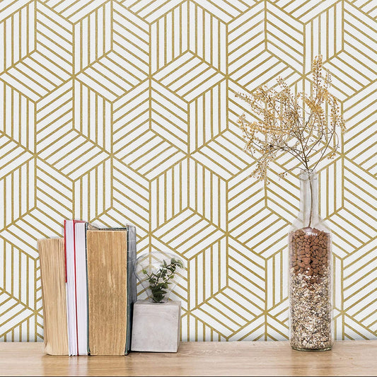 Eurotex Gold and White Geometric Wallpaper for Walls (45x300cm)(Length 3-Meter) Sticker Wallpaper Peel and Stick Hexagon Removable Self Adhesive Waterproof Wallpaper Eurotex