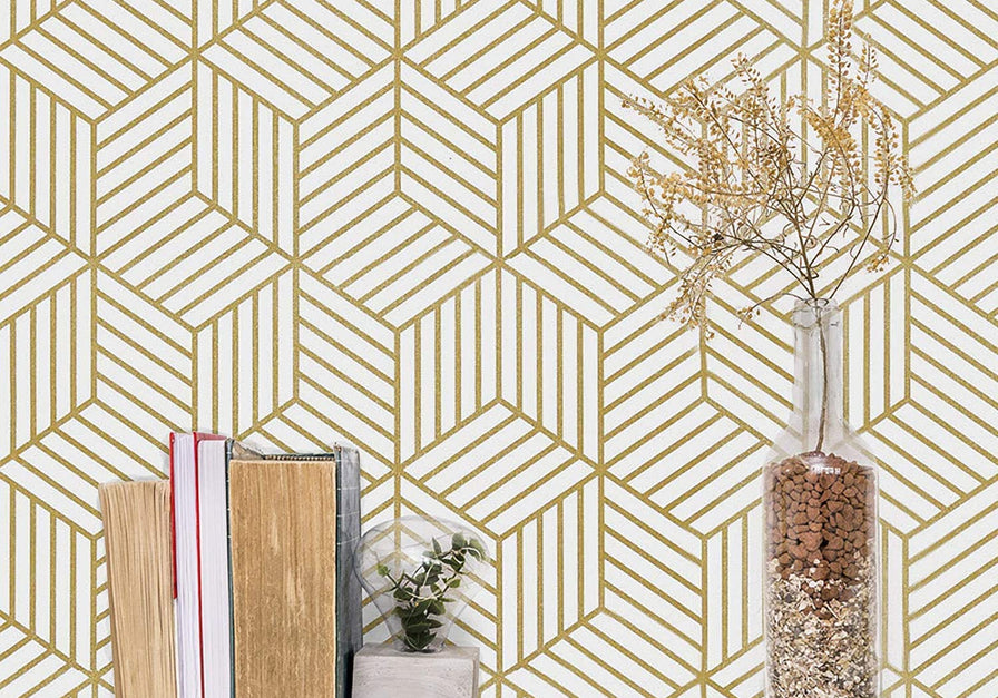 Eurotex Gold and White Geometric Wallpaper for Walls (45x300cm)(Length 3-Meter) Sticker Wallpaper Peel and Stick Hexagon Removable Self Adhesive Waterproof Wallpaper