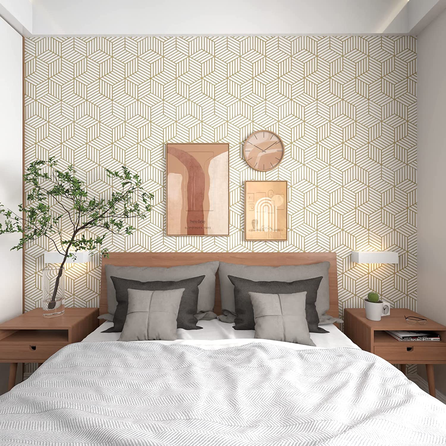 Eurotex Gold and White Geometric Wallpaper for Walls (45x300cm)(Length 3-Meter) Sticker Wallpaper Peel and Stick Hexagon Removable Self Adhesive Waterproof Wallpaper Eurotex