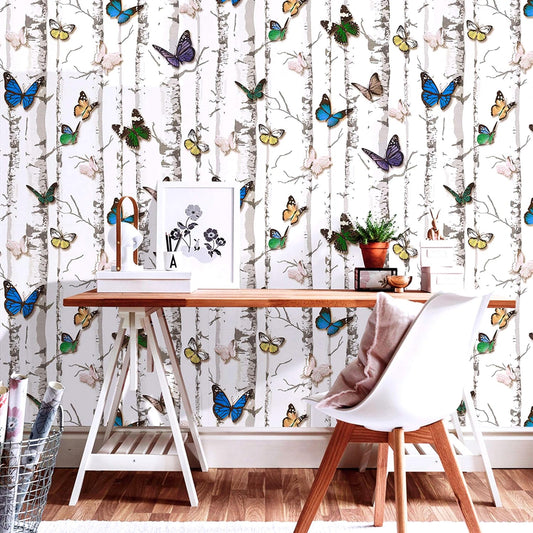 Eurotex Damask Design, 3D Stark Trees and Butterflies , Peel and Stick, Self Adhesive Wallpaper - (45 cm x 300cm) Eurotex