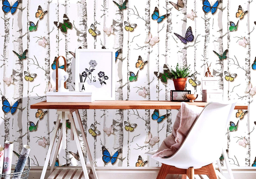 Eurotex Damask Design, 3D Stark Trees and Butterflies , Peel and Stick, Self Adhesive Wallpaper - (45 cm x 300cm)