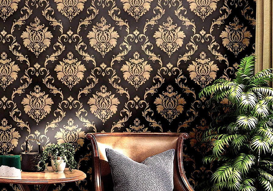 Eurotex Damask Design, Black Golden, Peel and Stick, Self Adhesive Wallpaper - (45 cm x 300cm)