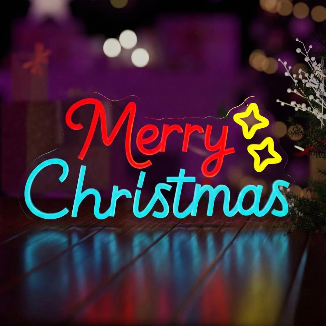 Merry Christmas With Star Neon Sign | Neon Sign Merry Christmas (30In x 12In)