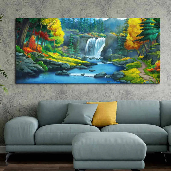 A Beautiful Waterfall In Forest Premium Wall Painting | Framed Canvas Wall Art for Home Decoration