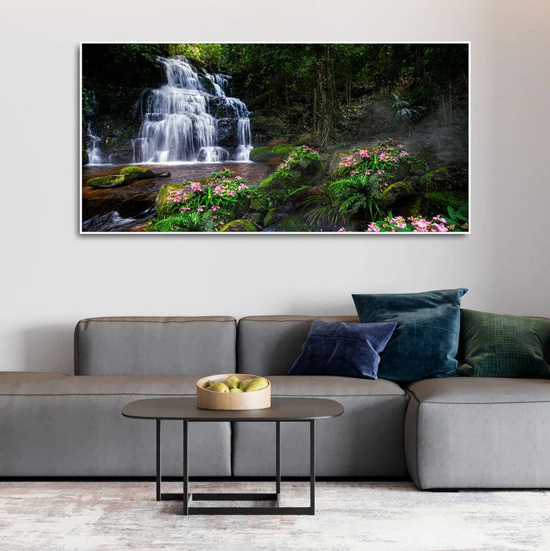 A Beautiful Waterfall in Forest Premium Canvas Wall Painting | Framed Canvas Wall Art for Home Decoration