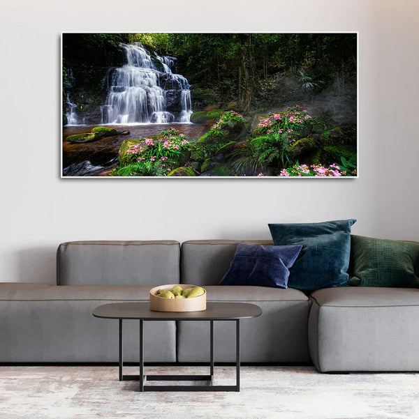 A Beautiful Waterfall in Forest Premium Canvas Wall Painting | Framed Canvas Wall Art for Home Decoration