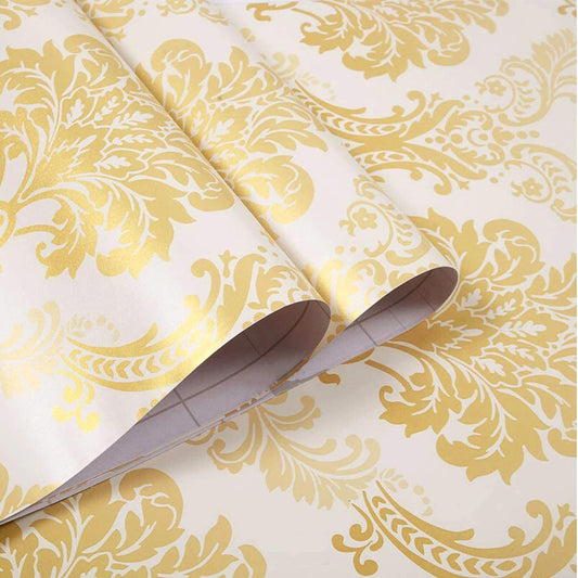 Eurotex Damask Design, Gold and White Geometric Wallpaper, Peel and Stick, Self Adhesive Wallpaper - (45 cm x 300cm)