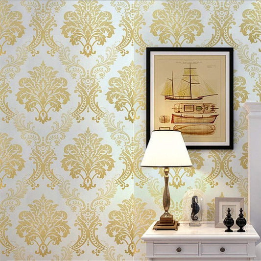 Eurotex Damask Design, Gold and White Geometric Wallpaper, Peel and Stick, Self Adhesive Wallpaper - (45 cm x 300cm)