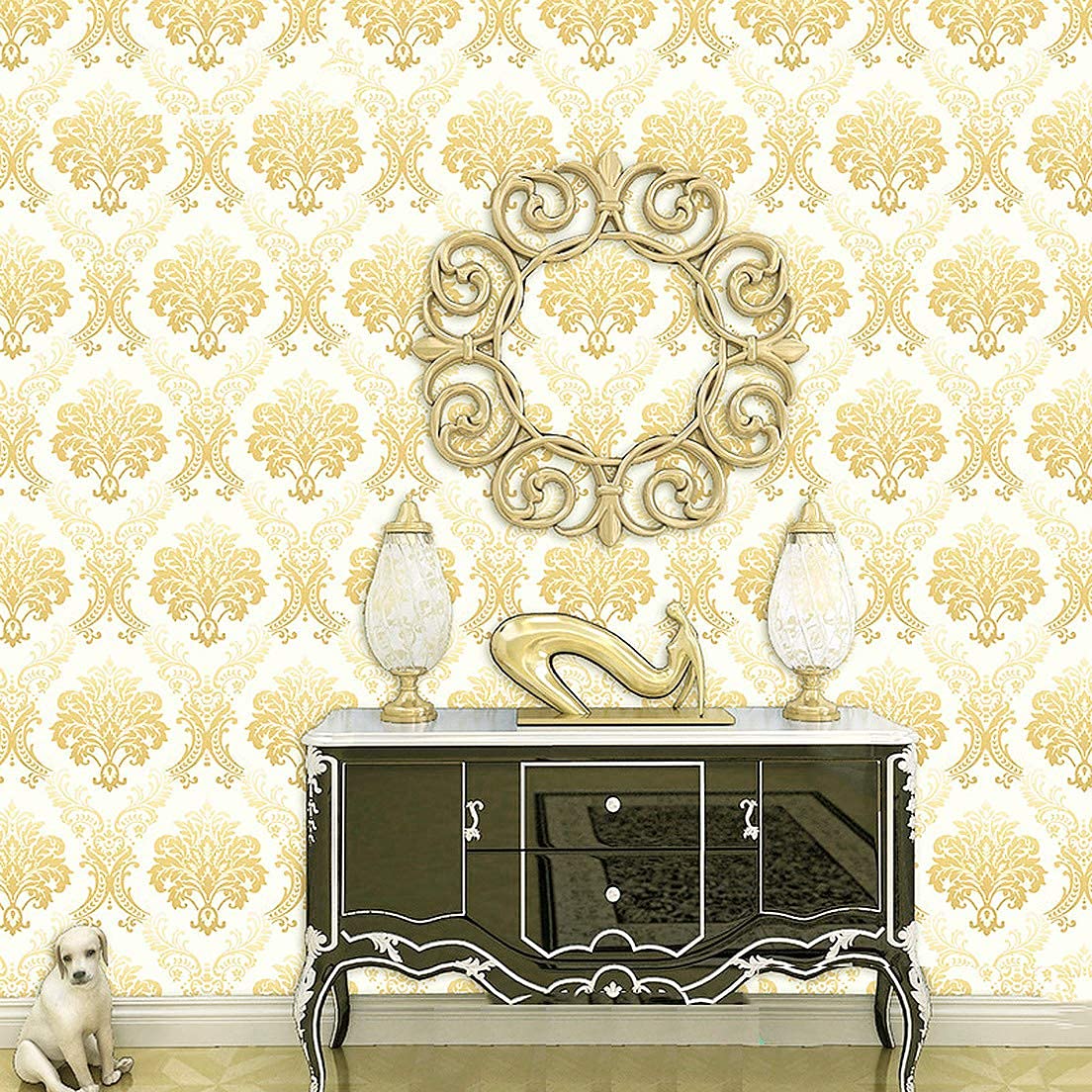 Eurotex Damask Design, Gold and White Geometric Wallpaper, Peel and Stick, Self Adhesive Wallpaper - (45 cm x 300cm)